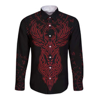 Viking Stag and Helm of Awe Symbol Long Sleeve Button Shirt Glowing Norse Runic Tribal Illustration