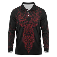 Viking Stag and Helm of Awe Symbol Long Sleeve Polo Shirt Glowing Norse Runic Tribal Illustration