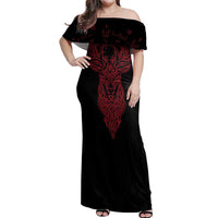 Viking Stag and Helm of Awe Symbol Off Shoulder Maxi Dress Glowing Norse Runic Tribal Illustration