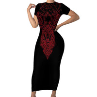 Viking Stag and Helm of Awe Symbol Short Sleeve Bodycon Dress Glowing Norse Runic Tribal Illustration