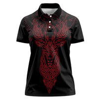 Viking Stag and Helm of Awe Symbol Women Polo Shirt Glowing Norse Runic Tribal Illustration