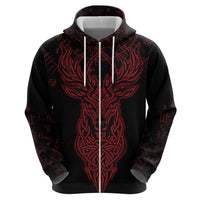 Viking Stag and Helm of Awe Symbol Zip Hoodie Glowing Norse Runic Tribal Illustration