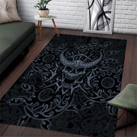 Viking Horned Skull and Raven Emblem Area Rug Dark Nordic Tribal Grunge Illustration