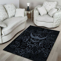 Viking Horned Skull and Raven Emblem Area Rug Dark Nordic Tribal Grunge Illustration