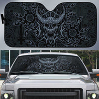 Viking Horned Skull and Raven Emblem Auto Sun Shade Dark Nordic Tribal Grunge Illustration