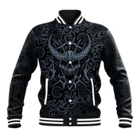 Viking Horned Skull and Raven Emblem Baseball Jacket Dark Nordic Tribal Grunge Illustration