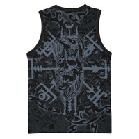 Viking Horned Skull and Raven Emblem Basketball Jersey Dark Nordic Tribal Grunge Illustration