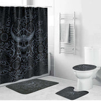 Viking Horned Skull and Raven Emblem Bathroom Set Dark Nordic Tribal Grunge Illustration