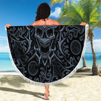 Viking Horned Skull and Raven Emblem Beach Blanket Dark Nordic Tribal Grunge Illustration