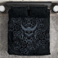 Viking Horned Skull and Raven Emblem Bedding Set Dark Nordic Tribal Grunge Illustration
