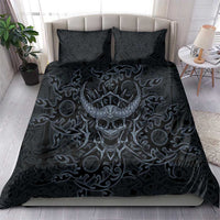 Viking Horned Skull and Raven Emblem Bedding Set Dark Nordic Tribal Grunge Illustration
