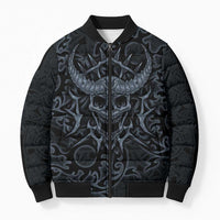 Viking Horned Skull and Raven Emblem Bomber Puffer Jacket Dark Nordic Tribal Grunge Illustration