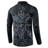 Viking Horned Skull and Raven Emblem Button Sweatshirt Dark Nordic Tribal Grunge Illustration