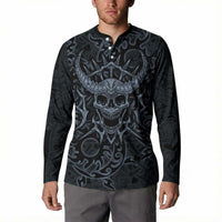 Viking Horned Skull and Raven Emblem Button Sweatshirt Dark Nordic Tribal Grunge Illustration