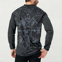 Viking Horned Skull and Raven Emblem Button Sweatshirt Dark Nordic Tribal Grunge Illustration