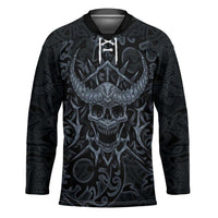 Viking Horned Skull and Raven Emblem Hockey Jersey Dark Nordic Tribal Grunge Illustration