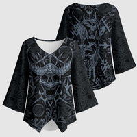 Viking Horned Skull and Raven Emblem Kimono Sleeve Blouse Dark Nordic Tribal Grunge Illustration