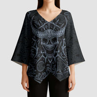 Viking Horned Skull and Raven Emblem Kimono Sleeve Blouse Dark Nordic Tribal Grunge Illustration