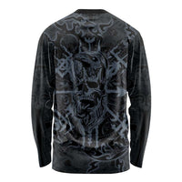 Viking Horned Skull and Raven Emblem Long Sleeve Shirt Dark Nordic Tribal Grunge Illustration