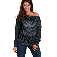 Viking Horned Skull and Raven Emblem Off Shoulder Sweater Dark Nordic Tribal Grunge Illustration