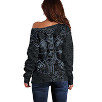 Viking Horned Skull and Raven Emblem Off Shoulder Sweater Dark Nordic Tribal Grunge Illustration