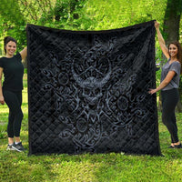 Viking Horned Skull and Raven Emblem Quilt Dark Nordic Tribal Grunge Illustration