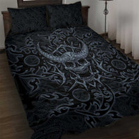 Viking Horned Skull and Raven Emblem Quilt Bed Set Dark Nordic Tribal Grunge Illustration
