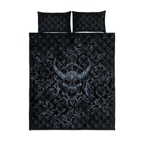 Viking Horned Skull and Raven Emblem Quilt Bed Set Dark Nordic Tribal Grunge Illustration
