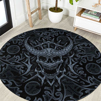 Viking Horned Skull and Raven Emblem Round Carpet Dark Nordic Tribal Grunge Illustration
