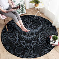Viking Horned Skull and Raven Emblem Round Carpet Dark Nordic Tribal Grunge Illustration