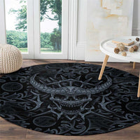 Viking Horned Skull and Raven Emblem Round Carpet Dark Nordic Tribal Grunge Illustration