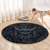 Viking Horned Skull and Raven Emblem Round Carpet Dark Nordic Tribal Grunge Illustration