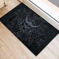 Viking Horned Skull and Raven Emblem Rubber Doormat Dark Nordic Tribal Grunge Illustration