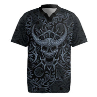 Viking Horned Skull and Raven Emblem Rugby Jersey Dark Nordic Tribal Grunge Illustration