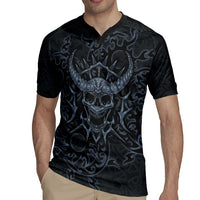 Viking Horned Skull and Raven Emblem Rugby Jersey Dark Nordic Tribal Grunge Illustration
