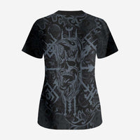 Viking Horned Skull and Raven Emblem Scrub Top Dark Nordic Tribal Grunge Illustration