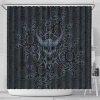 Viking Horned Skull and Raven Emblem Shower Curtain Dark Nordic Tribal Grunge Illustration