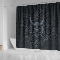 Viking Horned Skull and Raven Emblem Shower Curtain Dark Nordic Tribal Grunge Illustration