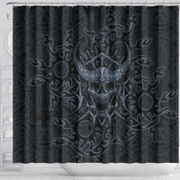 Viking Horned Skull and Raven Emblem Shower Curtain Dark Nordic Tribal Grunge Illustration