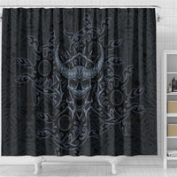 Viking Horned Skull and Raven Emblem Shower Curtain Dark Nordic Tribal Grunge Illustration