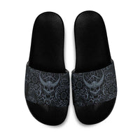 Viking Horned Skull and Raven Emblem Slide Sandals Dark Nordic Tribal Grunge Illustration
