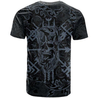 Viking Horned Skull and Raven Emblem T Shirt Dark Nordic Tribal Grunge Illustration
