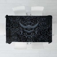 Viking Horned Skull and Raven Emblem Tablecloth Dark Nordic Tribal Grunge Illustration