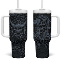 Viking Horned Skull and Raven Emblem Tumbler With Handle Dark Nordic Tribal Grunge Illustration