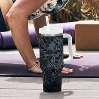 Viking Horned Skull and Raven Emblem Tumbler With Handle Dark Nordic Tribal Grunge Illustration