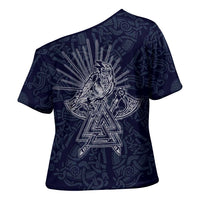 Odin Silhouette with Raven and Valknut Cross Shoulder Shirt Nordic Mythology Line Art Illustration