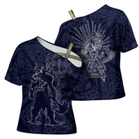 Odin Silhouette with Raven and Valknut Cross Shoulder Shirt Nordic Mythology Line Art Illustration