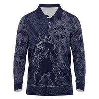 Odin Silhouette with Raven and Valknut Long Sleeve Polo Shirt Nordic Mythology Line Art Illustration