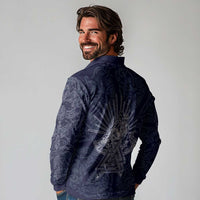 Odin Silhouette with Raven and Valknut Long Sleeve Polo Shirt Nordic Mythology Line Art Illustration