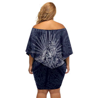 Odin Silhouette with Raven and Valknut Off Shoulder Short Dress Nordic Mythology Line Art Illustration
